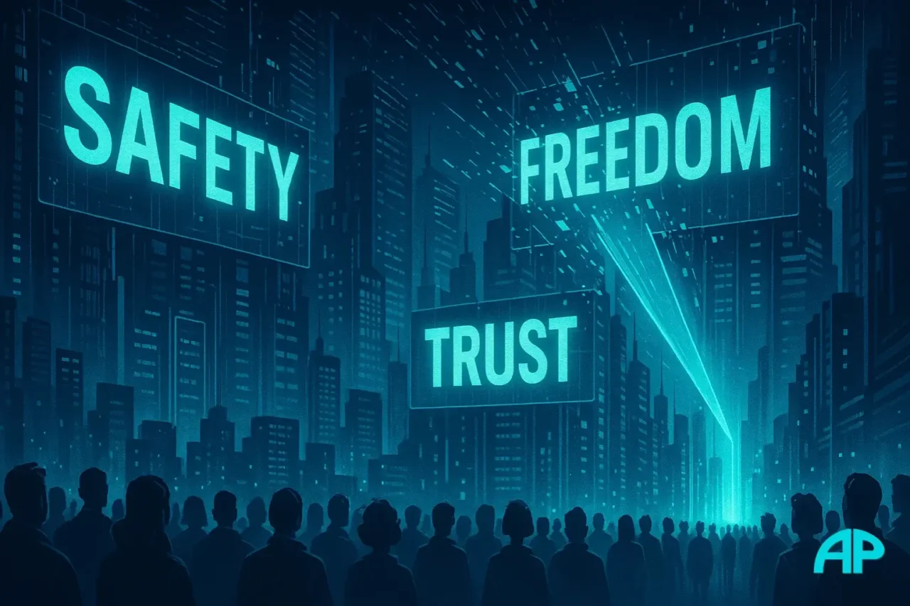 A cyberpunk cityscape with giant holographic billboards showing the words “Safety,” “Freedom,” and “Trust” as they glitch and crack, revealing a glowing turquoise horizon. Crowds turn toward neon cyan light beams as shards of digital pixels rain down, symbolizing the end of the matrix narrative.