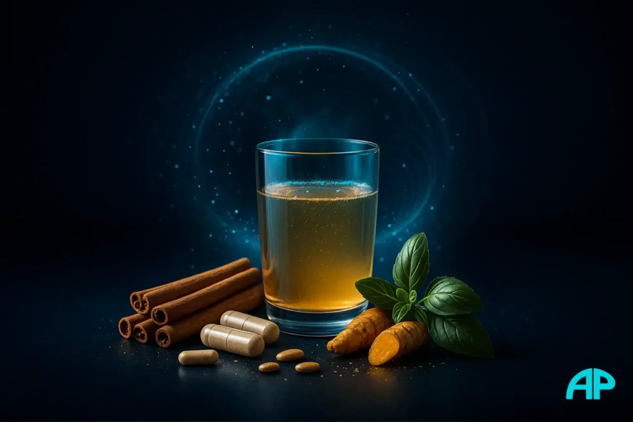 Cinematic digital artwork featuring natural ingredients like apple cider vinegar, cinnamon, magnesium, and herbs, glowing with turquoise energy to represent natural balance for glucose spikes and health.