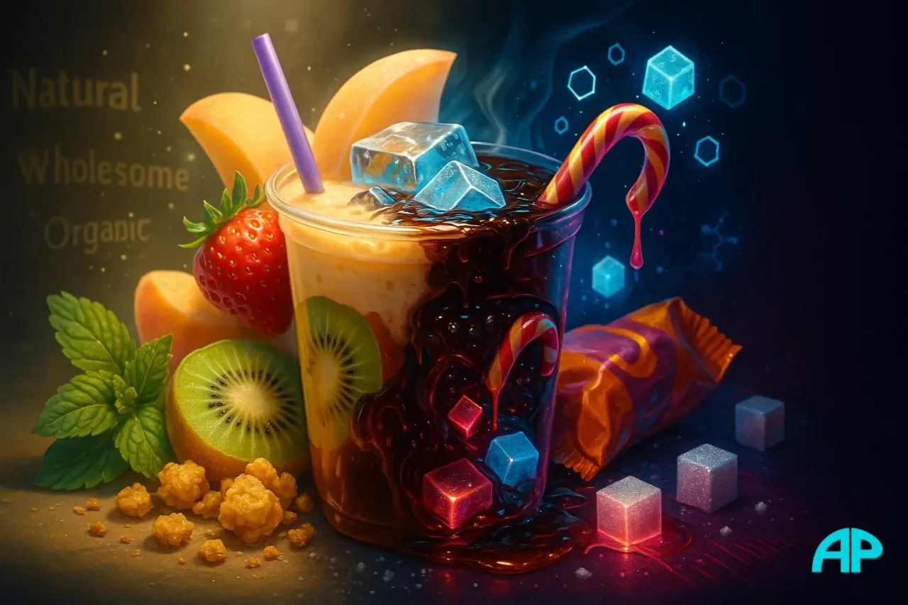 Conceptual digital illustration exposing hidden sugars in everyday foods, showing the contrast between perceived health and reality.
