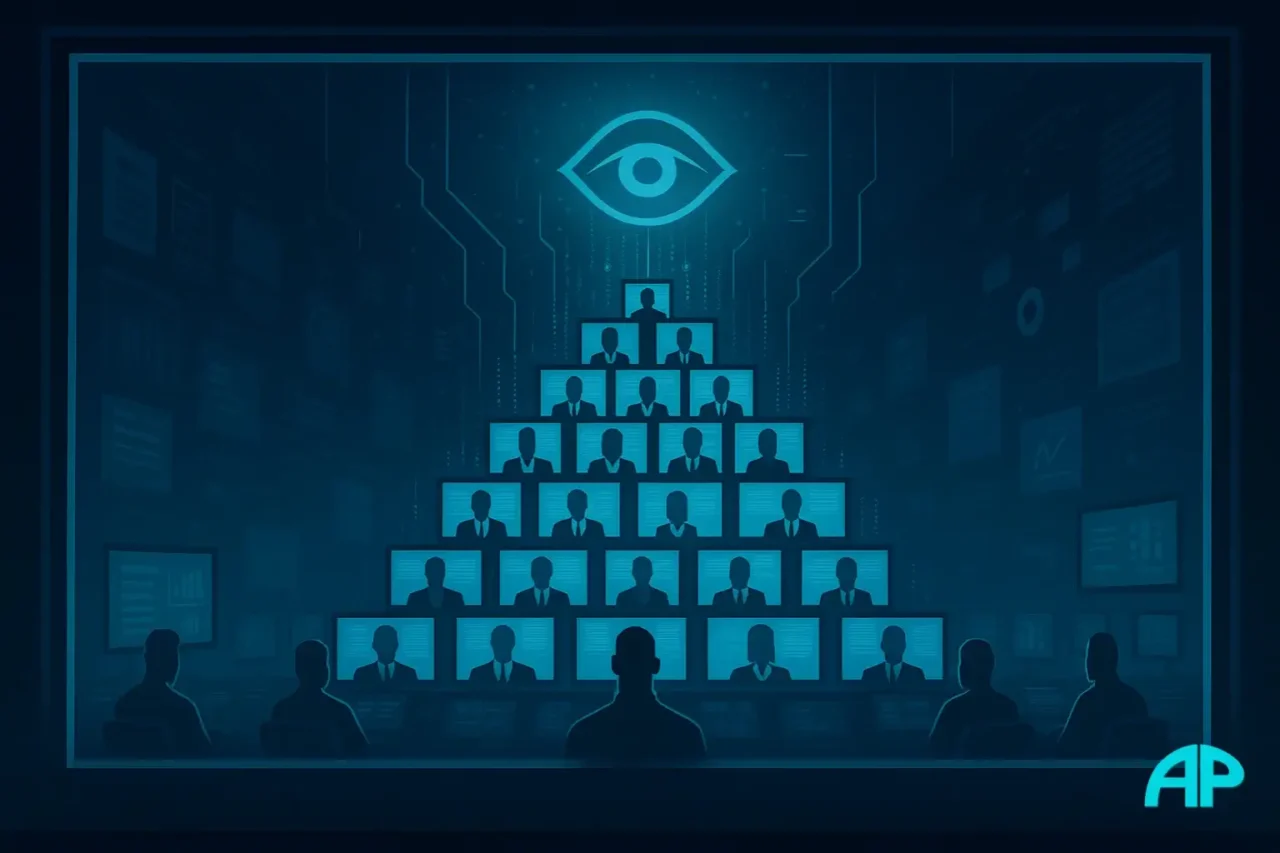 A dark futuristic control room where rows of glowing monitors form a pyramid of faceless figures, watched by people below as a single turquoise eye symbol hovers above, symbolizing media manipulation and control.
