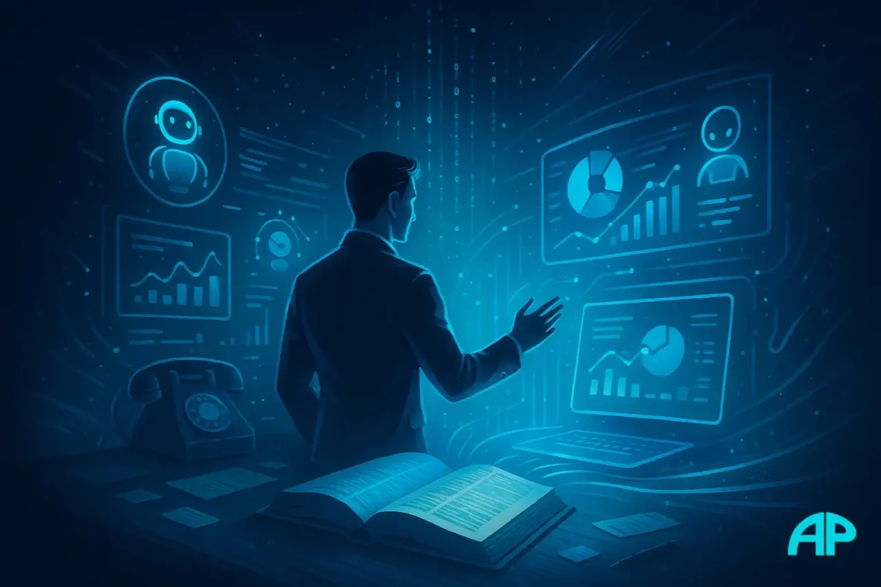 Futuristic digital control hub with a business owner interacting with holographic AI dashboards glowing in turquoise and neon cyan light.