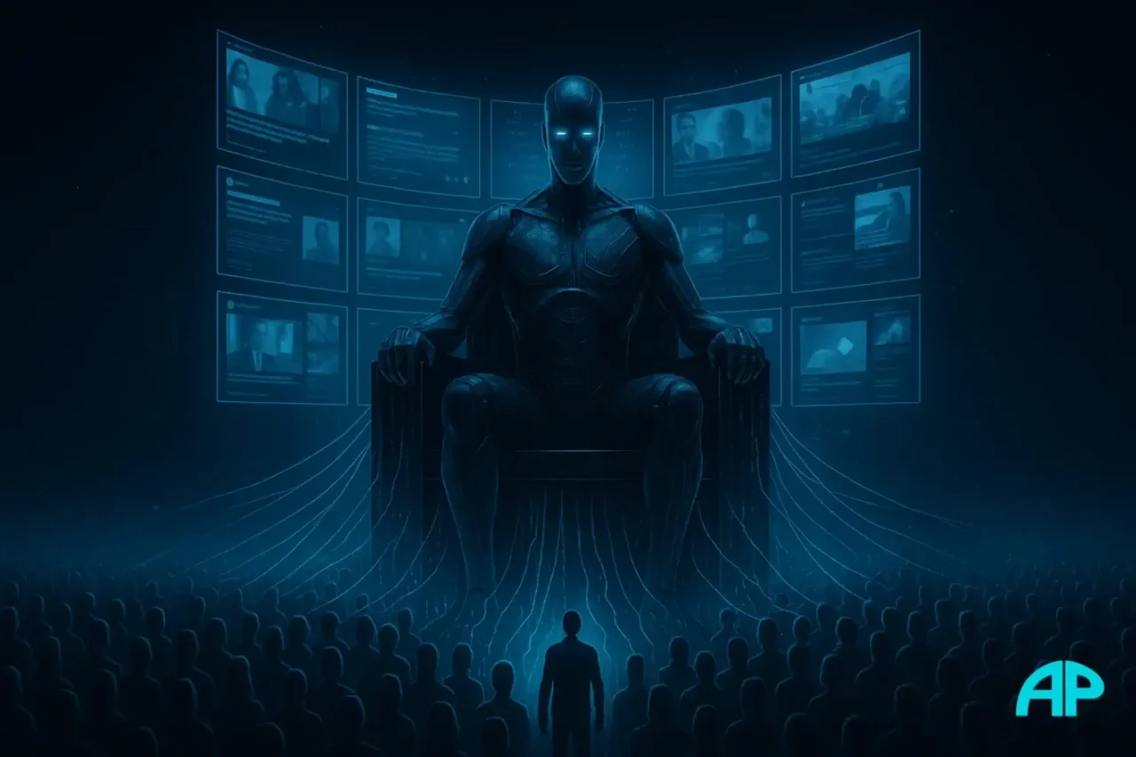 A humanoid AI overlord sits on a glowing digital throne made of holographic screens displaying news feeds and social media, with glowing data streams extending to a crowd of silhouetted humans below, symbolizing AI control over society.