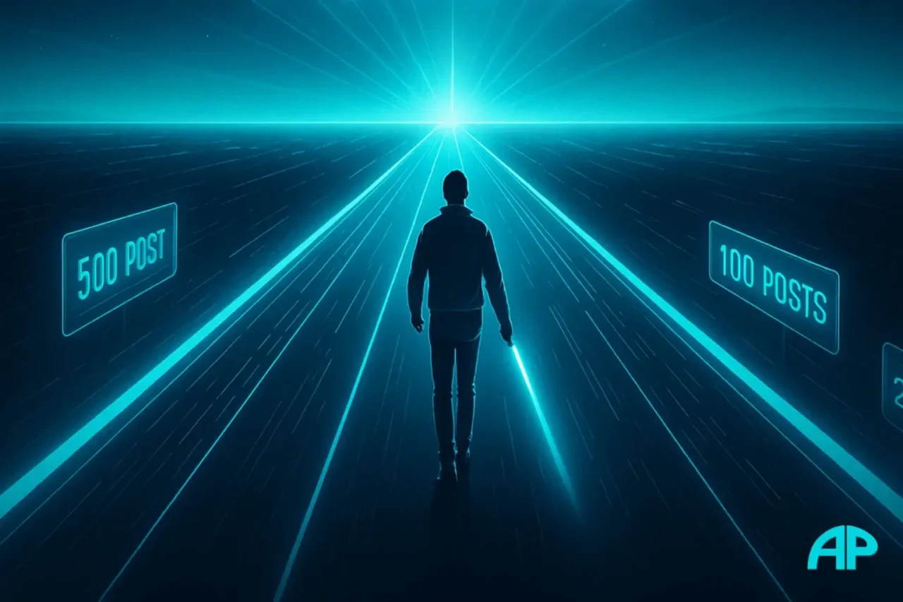 A futuristic turquoise highway made of light extends toward a glowing horizon marked “The Future,” with a lone figure holding a radiant pen walking confidently forward past fading holographic milestones.