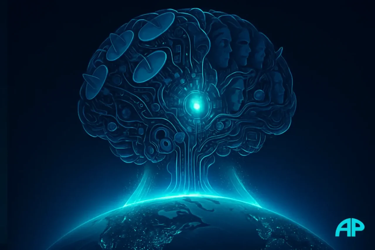 A massive mechanical brain made of satellite dishes, gears, and glowing circuits hovers above Earth, radiating turquoise light that feeds cities below, symbolizing media manipulation and control.