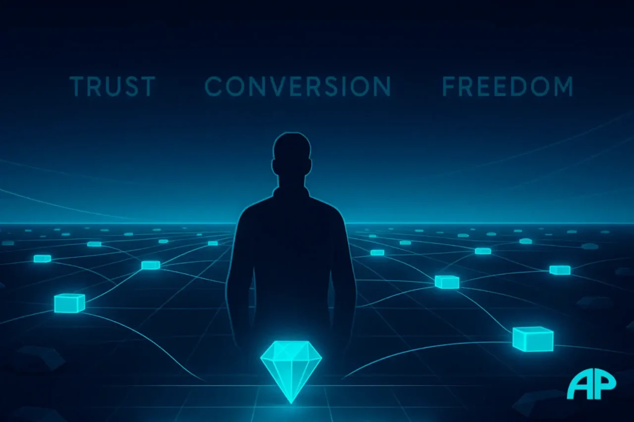 A futuristic digital marketer stands on a glowing turquoise grid representing thriving affiliate programs, each connected by radiant light trails. Above, the words Trust, Conversion, and Freedom float in the air, symbolizing success and vision.
