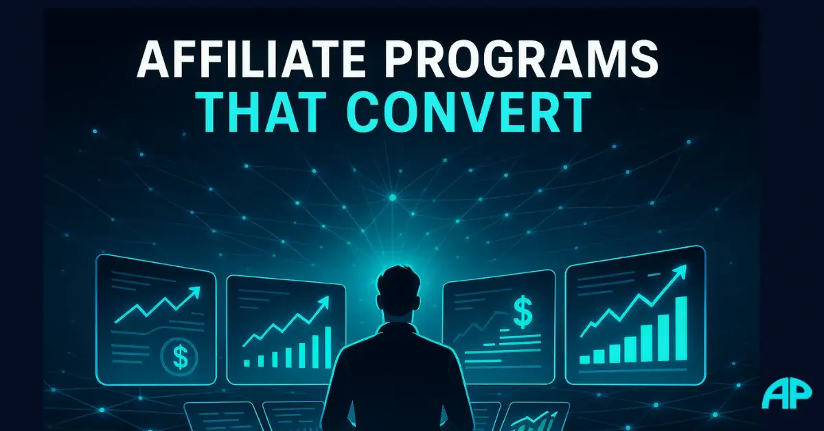 A futuristic digital marketer stands before glowing turquoise dashboards showing rising graphs, dollar symbols, and data streams, representing affiliate programs that actually convert.