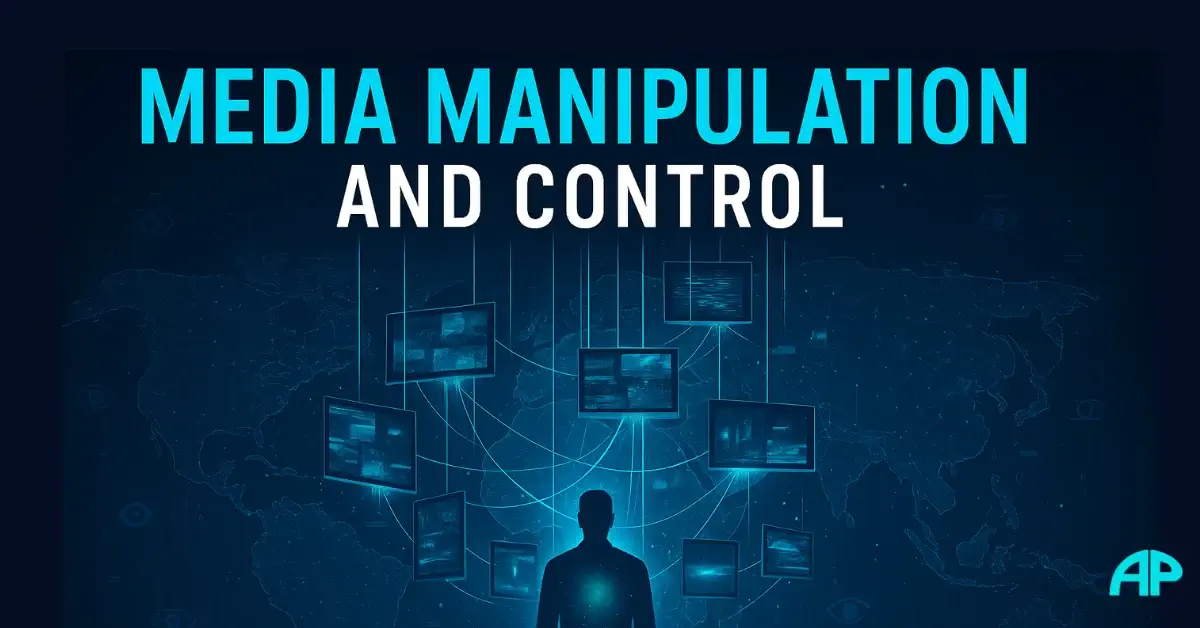 A symbolic digital illustration of media manipulation and control showing a human silhouette facing a network of glowing screens connected by turquoise strings, representing global influence and propaganda.