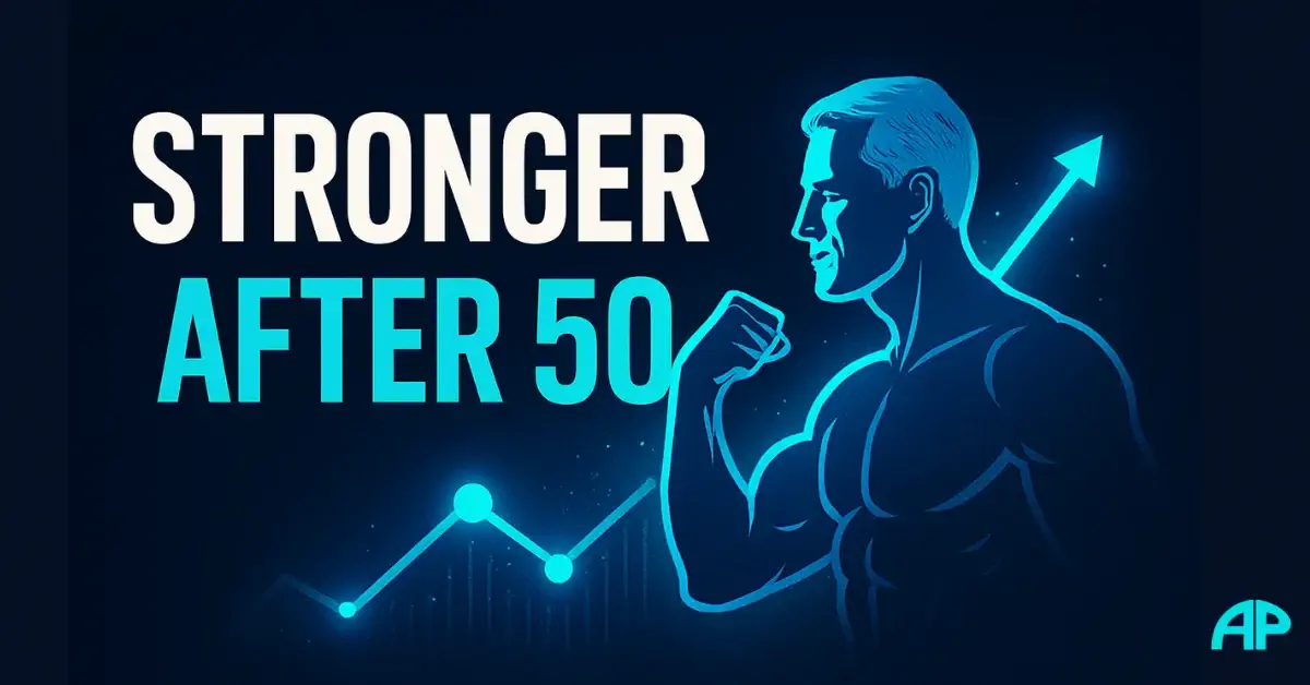 Illustration of a confident man symbolizing health and vitality, glowing in turquoise light, with bold text “Stronger After 50” promoting protein for over 50s.