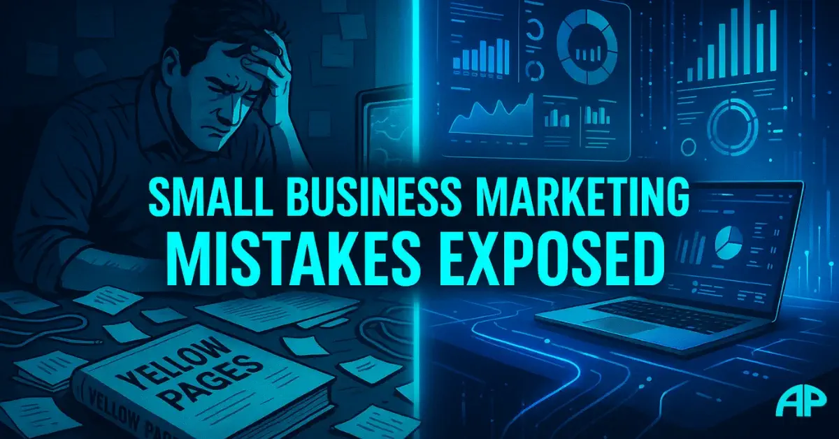 Small Business Marketing Mistakes Exposed Illustration showing small business marketing mistakes — an overwhelmed owner beside a glowing digital workspace symbolizing modern marketing success.