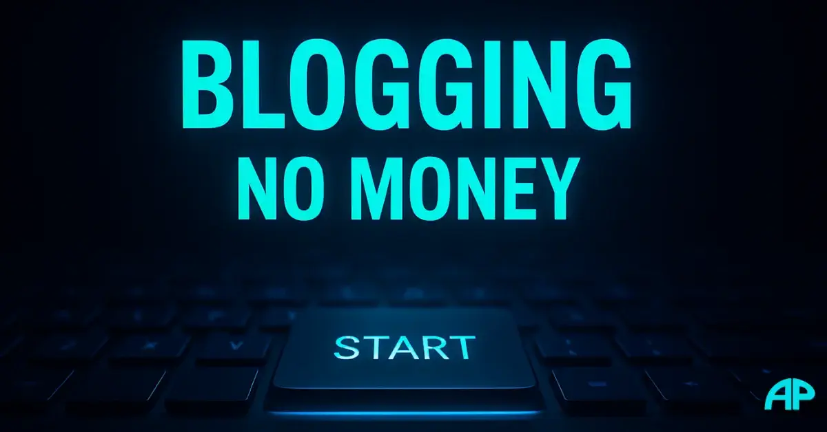 Close-up of a glowing turquoise START key with the words BLOGGING NO MONEY above it, symbolizing how to start a blog with no money.