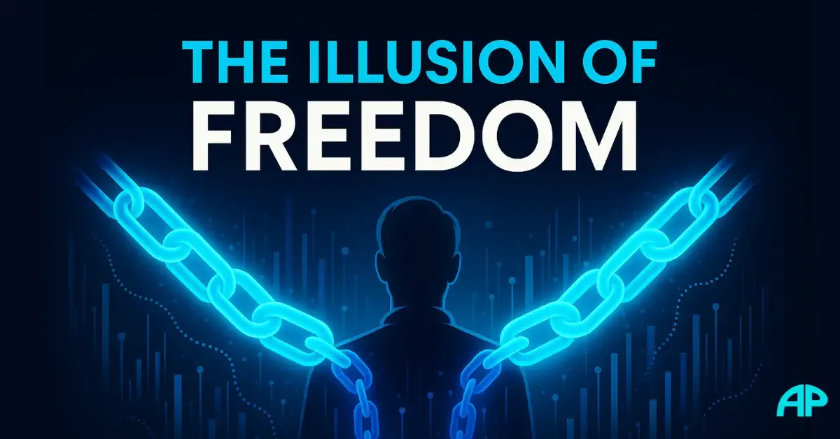 A digital illustration of a lone figure trapped in a glowing turquoise digital cage with cracked holographic bars, surrounded by dark navy margins and neon cyan beams, symbolizing control versus real freedom. Title text reads: The illusion of freedom.