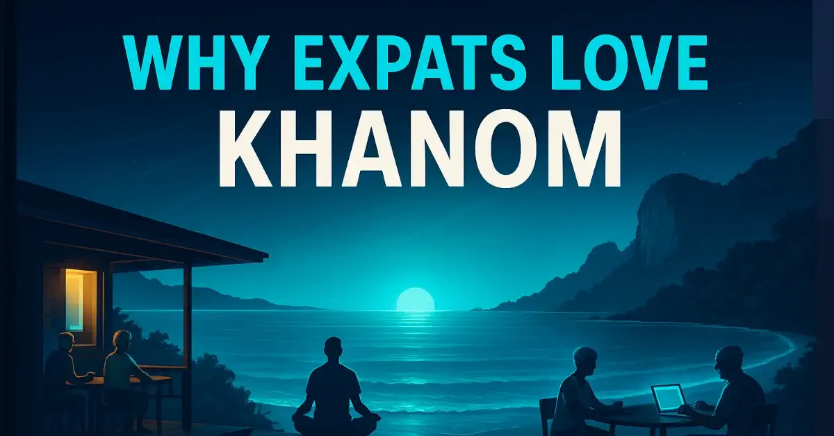 Cinematic digital artwork of Khanom, Thailand at sunrise showing retirees and digital nomads relaxing at a beachfront café with turquoise and navy tones, glowing typography reads “Why Expats Love Khanom.