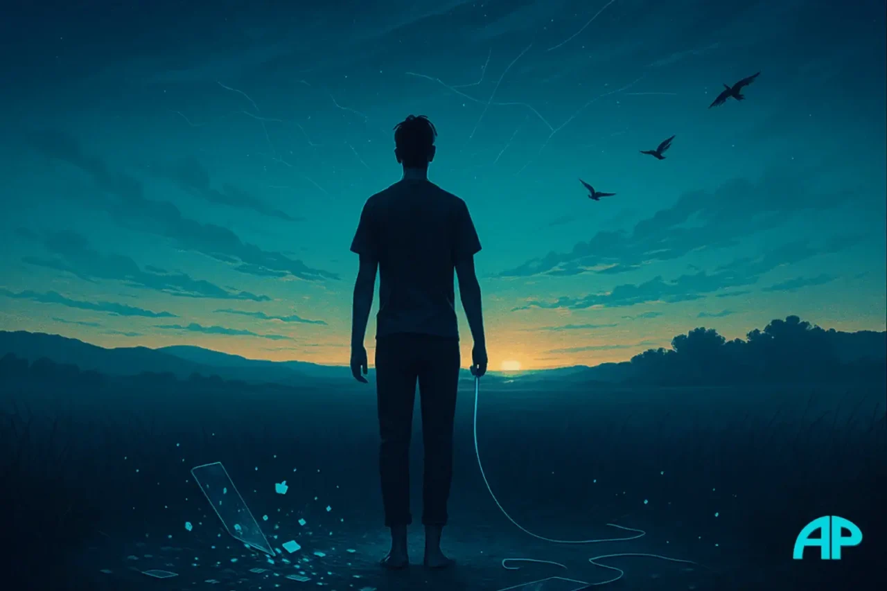 Confessions of a Former Algorithm Addict artwork showing a person unplugging from technology in a sunrise field, symbolizing peace and freedom.