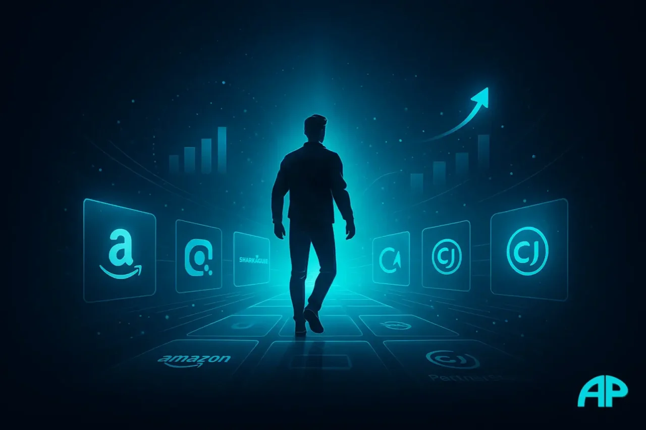 Futuristic digital artwork of a person walking along a glowing turquoise pathway lined with affiliate platform icons such as Amazon, ClickBank, and CJ Affiliate, symbolizing the start of an online income journey.