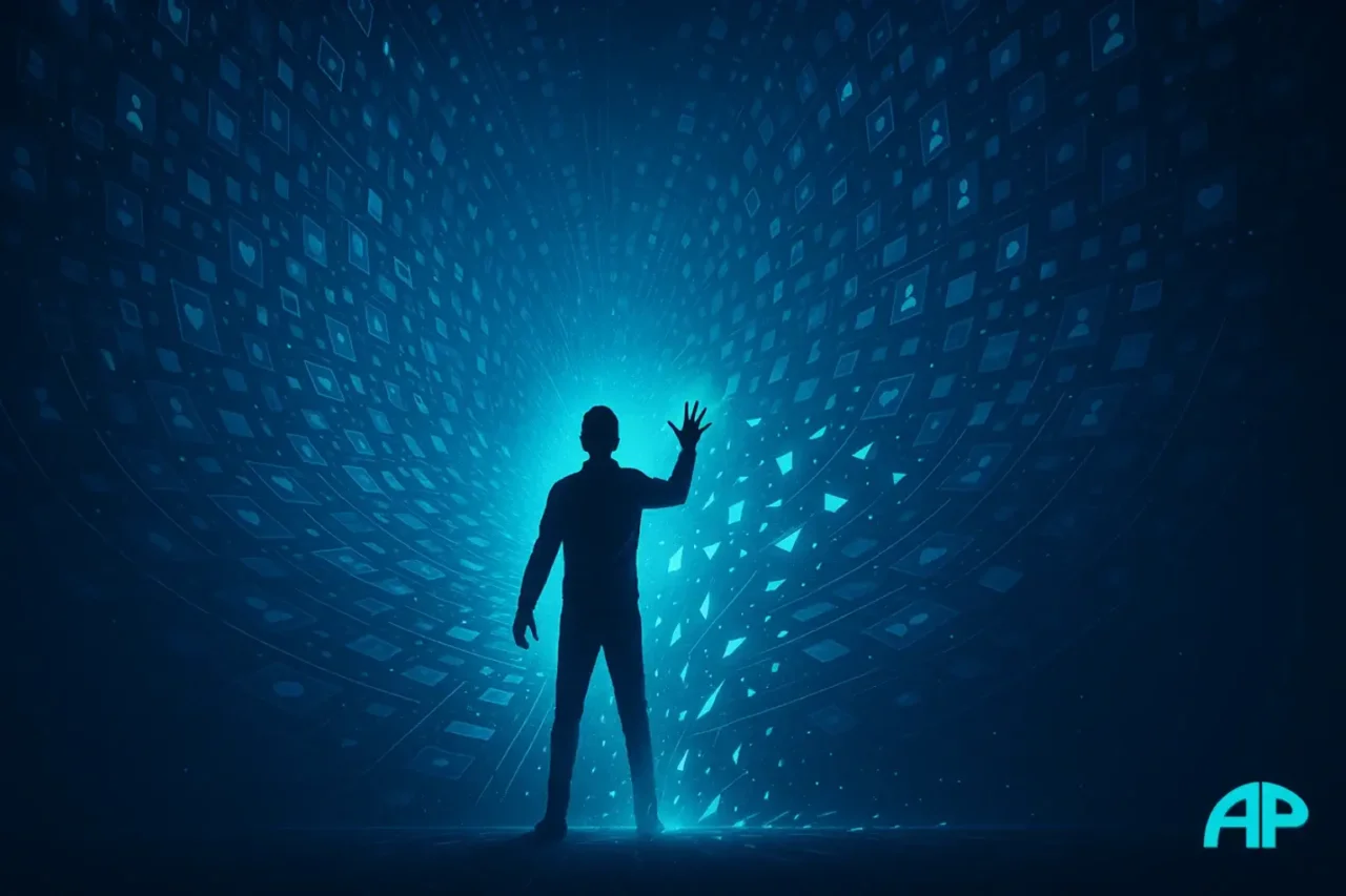Confessions of a Former Algorithm Addict visual showing a person halting a glowing tunnel of data and social icons, symbolizing breaking free from social media addiction.