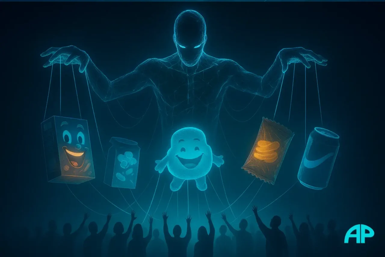 Digital artwork showing a holographic puppet master made of glowing turquoise light controlling floating junk food icons—chips, soda, candy, and cereal—while a crowd of silhouetted people reach upward. The scene symbolizes manipulation and consumer control in modern food marketing, highlighting the truth that It’s Not Food.