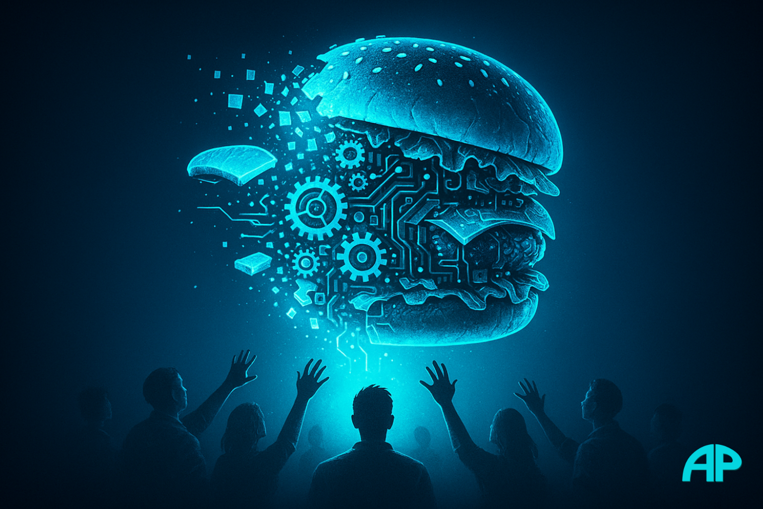 Digital illustration of a holographic cheeseburger disintegrating into gears, wires, and glowing code, revealing its mechanical core. Below, people reach out in awe, unaware of its artificial nature. The image symbolizes deception in processed food and the truth that It’s Not Food.