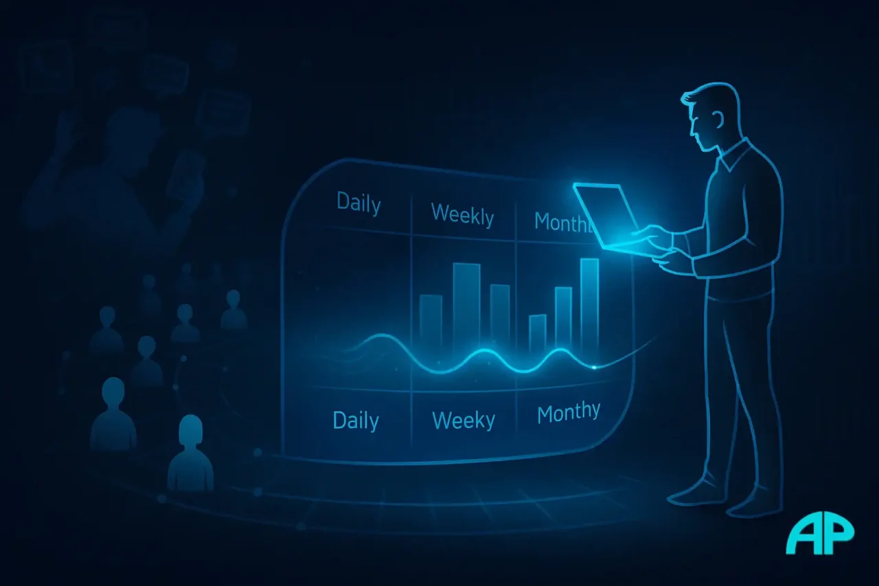 Calm creator using a glowing weekly planner with daily, weekly, and monthly blocks, symbolising authenticity in online business through consistent rhythm.