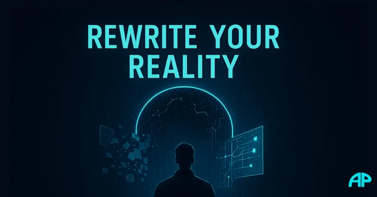 illustration showing a person standing before a glowing turquoise mind interface on a deep navy background, representing mindset transformation and the idea that fear is a construct of ourselves.