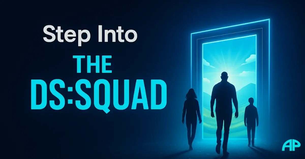 People walking toward a glowing digital portal that opens onto bright mountains and sky, symbolising stepping into a freedom-business-community.