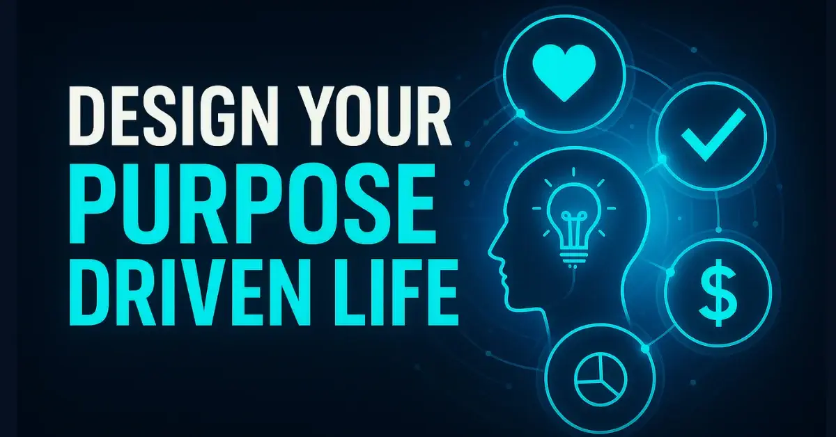 Ikigai hero banner with the words Design Your Purpose Driven Life in bold white and turquoise on a deep navy background, symbolising a purpose driven Ikigai journey.