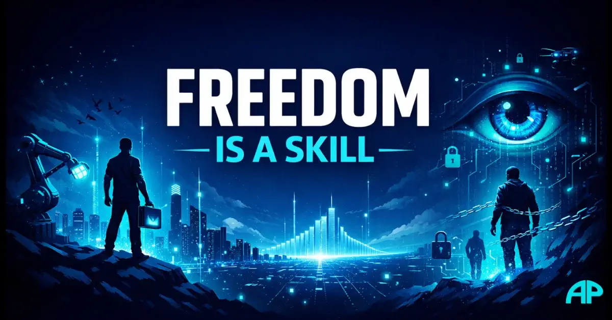 Freedom Is a Skill hero image showing AI Boom Opportunities, with a builder using AI tools while avoiding surveillance and control.