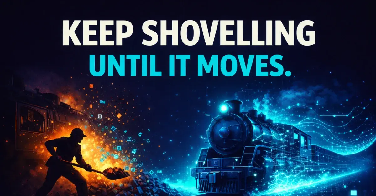 Silhouette shovelling digital coal into a locomotive transforming into a high-speed data train, symbolising business momentum through focus and consistency.
