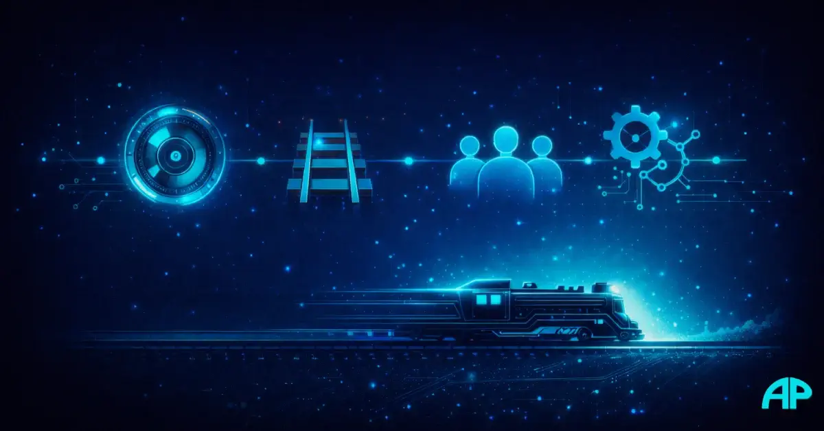 Four glowing icons above a futuristic train on a digital track, symbolising the systems and principles that build business momentum.