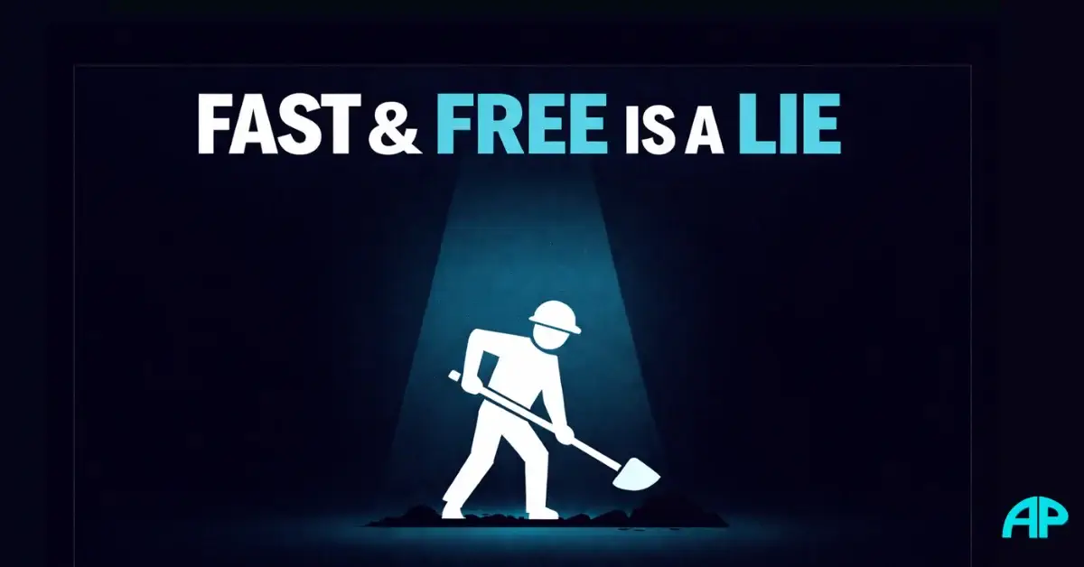 How to make money online fast and free illustrated by a worker digging under a spotlight, symbolising real effort and consistency.