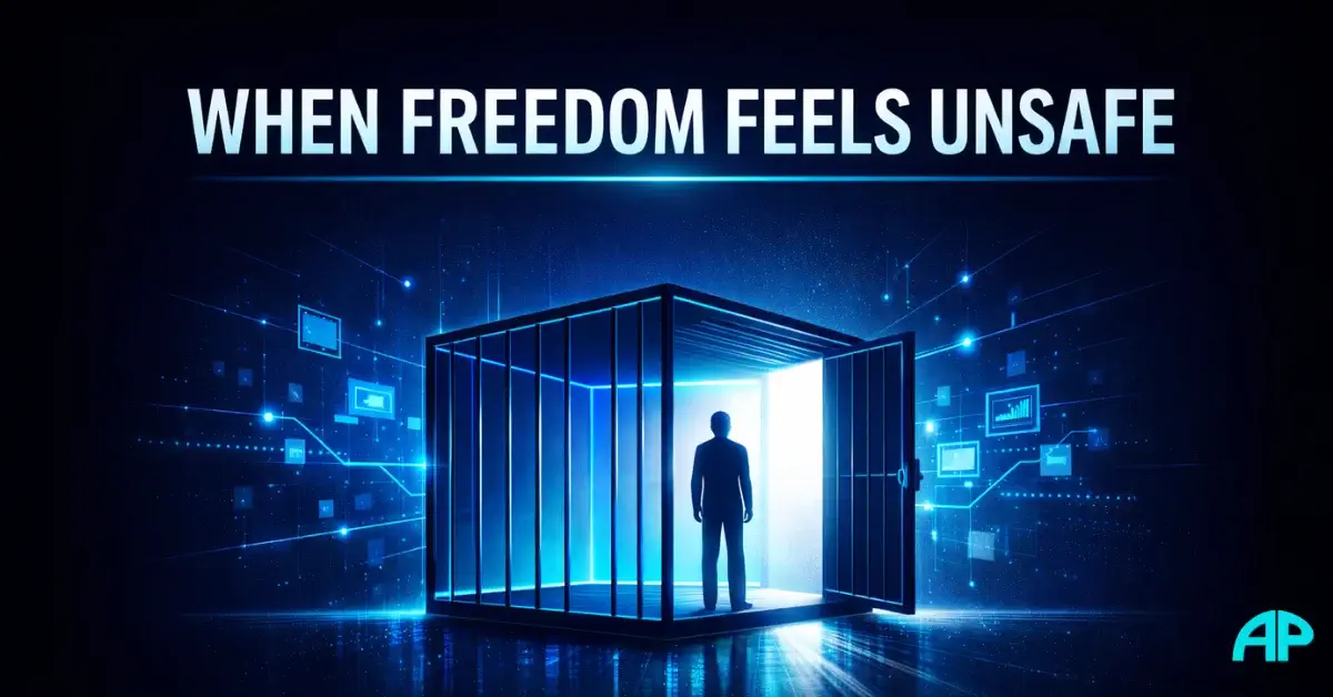 When Freedom Feels Unsafe, a silhouetted figure stands inside an open glowing cage facing bright light, symbolising safety, fear, and control.