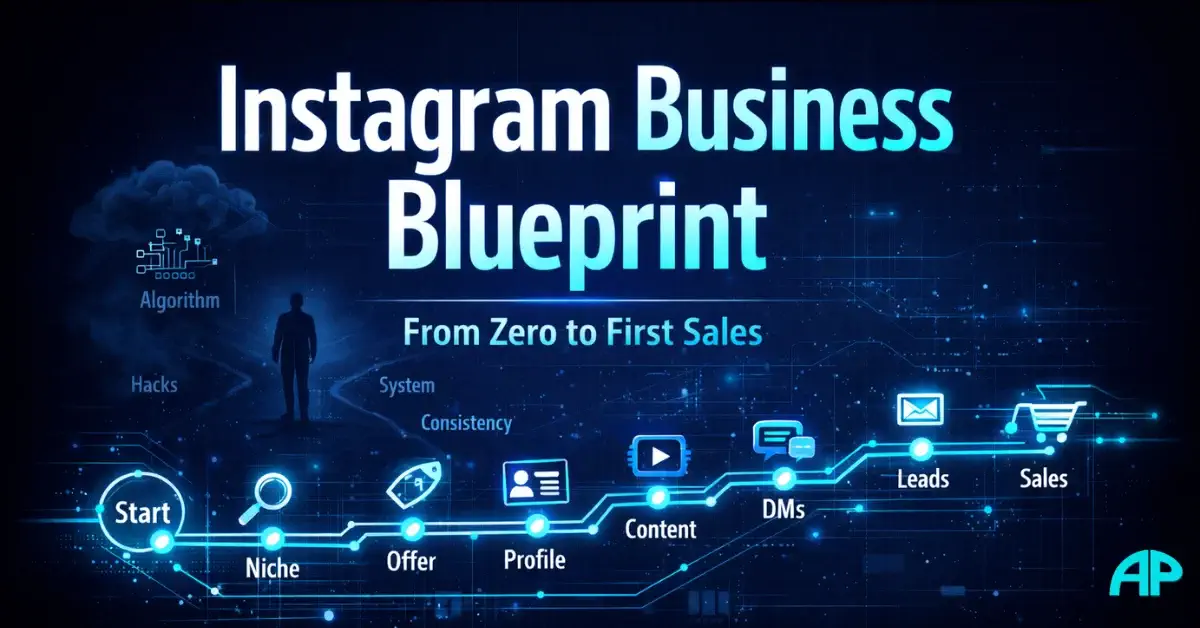 Blueprint style graphic showing how to start an online business on instagram from niche and offer to DMs, leads, and sales.