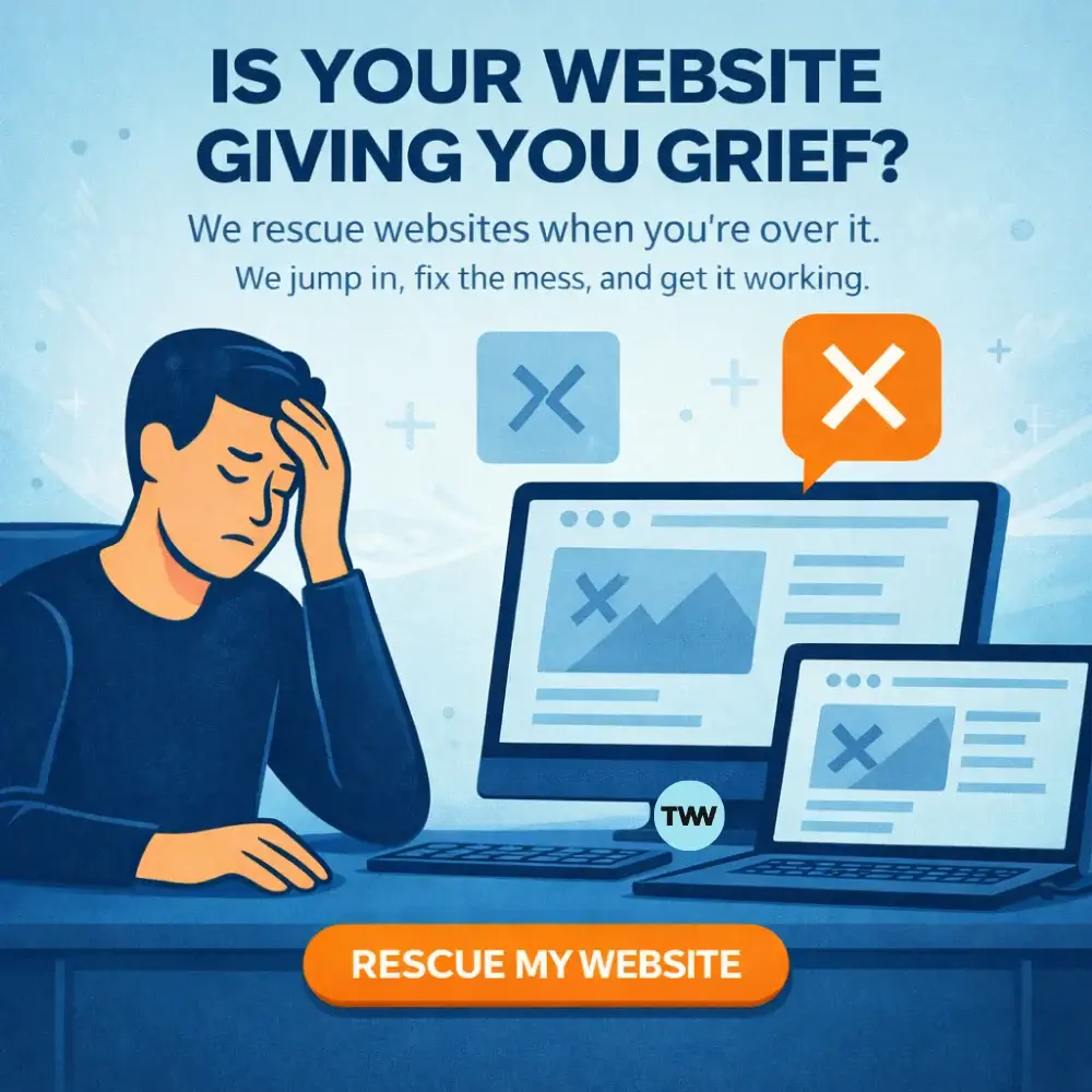Website Rescue illustration showing a frustrated business owner with broken website screens and error messages.
