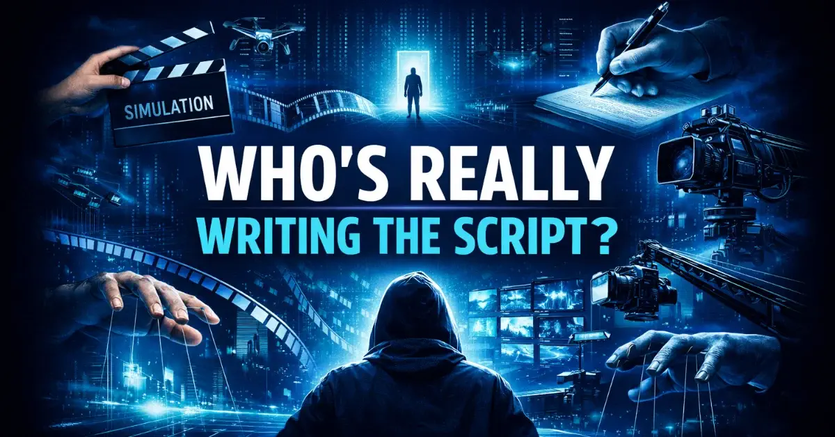 Futuristic cinematic scene showing a hooded figure facing a glowing doorway while giant hands manipulate cameras, film reels, and digital screens, symbolising control inside a simulated 3D movie reality.