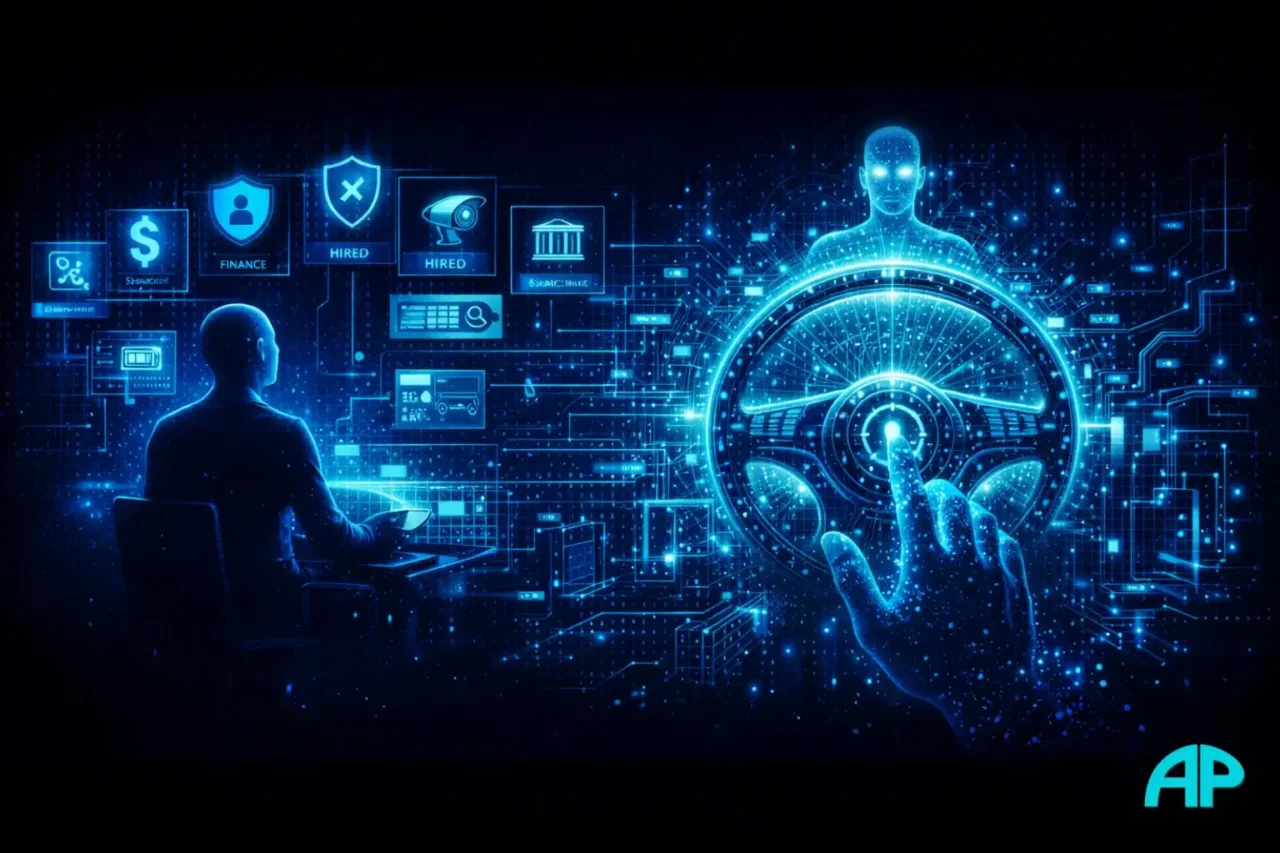 A person faces floating AI decision screens while a glowing steering wheel interface and digital AI figure control the networked system.