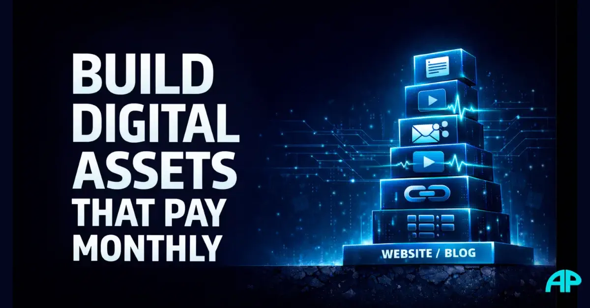 Bold 2:1 banner with large left aligned title “Build Digital Assets That Pay Monthly” and glowing digital asset stack on right over WEBSITE BLOG foundation.