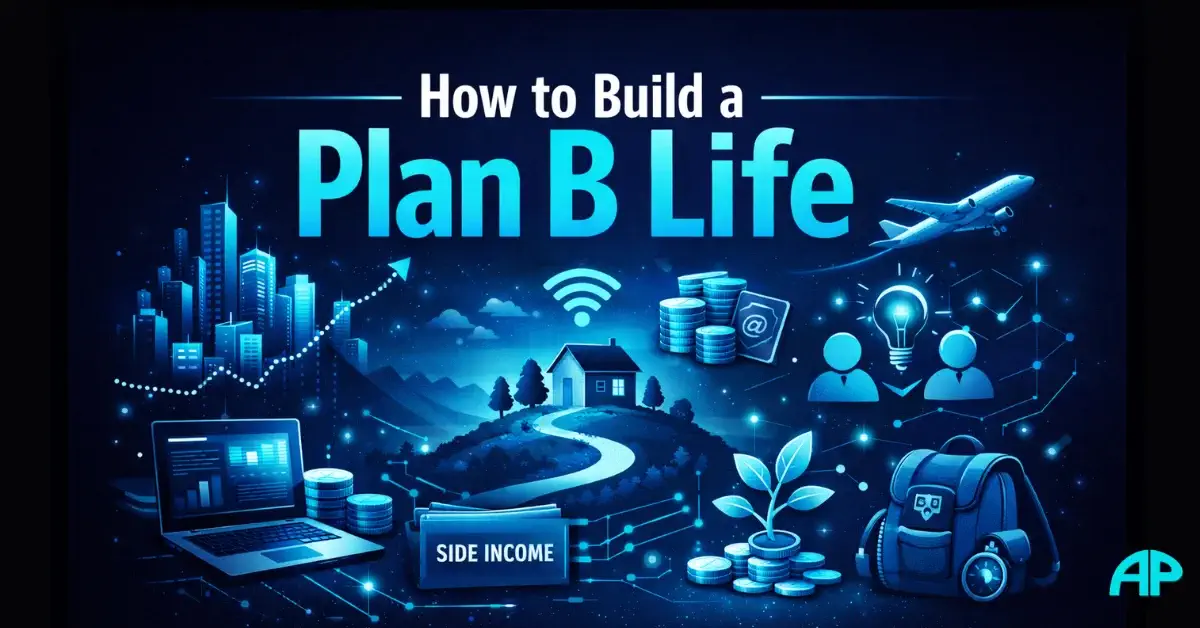 Cinematic 2:1 illustration of a lone house on a hill connected by glowing digital pathways to symbols of income, skills, and independence, representing Building a Plan B life.