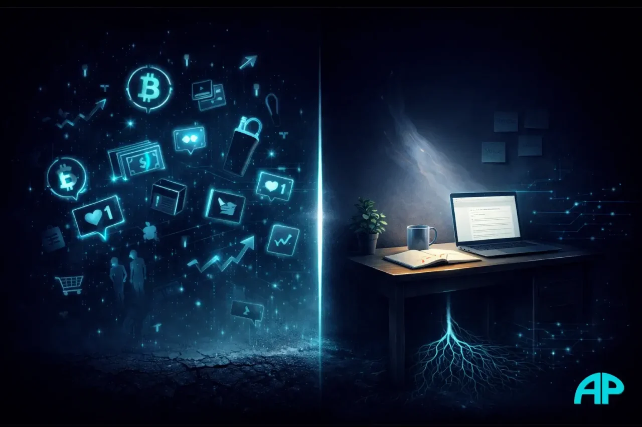 Split 2:1 cinematic illustration showing chaotic floating trend icons on the left and a calm grounded workspace with glowing roots on the right, symbolizing authentic brand building versus chasing trends.