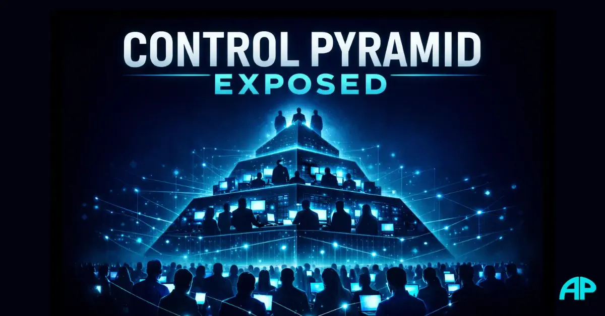 Control Pyramid Exposed showing a glowing blue digital pyramid with connected silhouettes, symbolising narrative control and algorithmic influence.