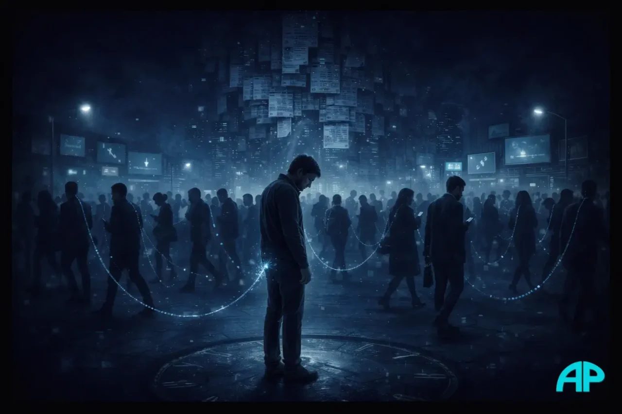 A night city crowd with glowing debt tethers made of numbers and receipts, linking each person to a looming tower of bills, symbolising Frog in the Boiling Water style slow normalised debt control.