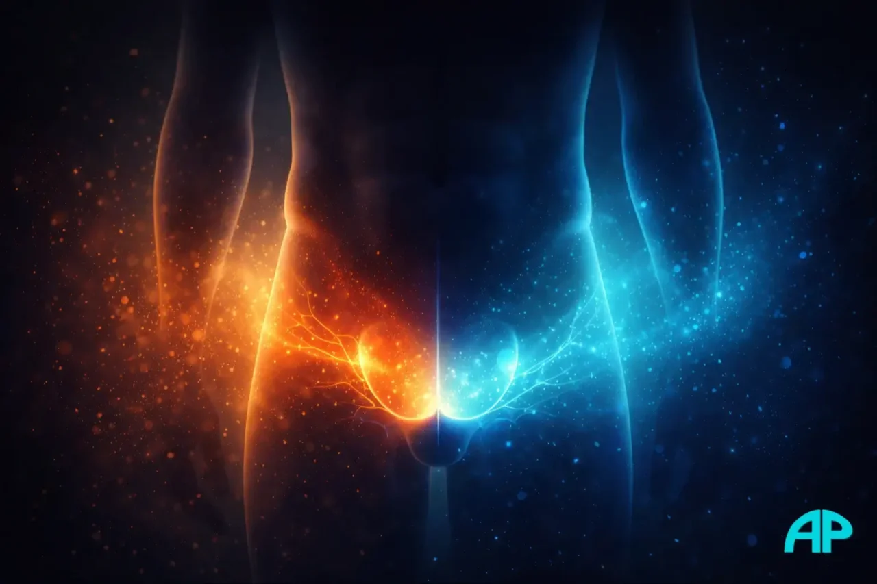 Abstract male pelvic glow shifting from warm pressure to cool calm, symbolising enlarged prostate relief and improved comfort.