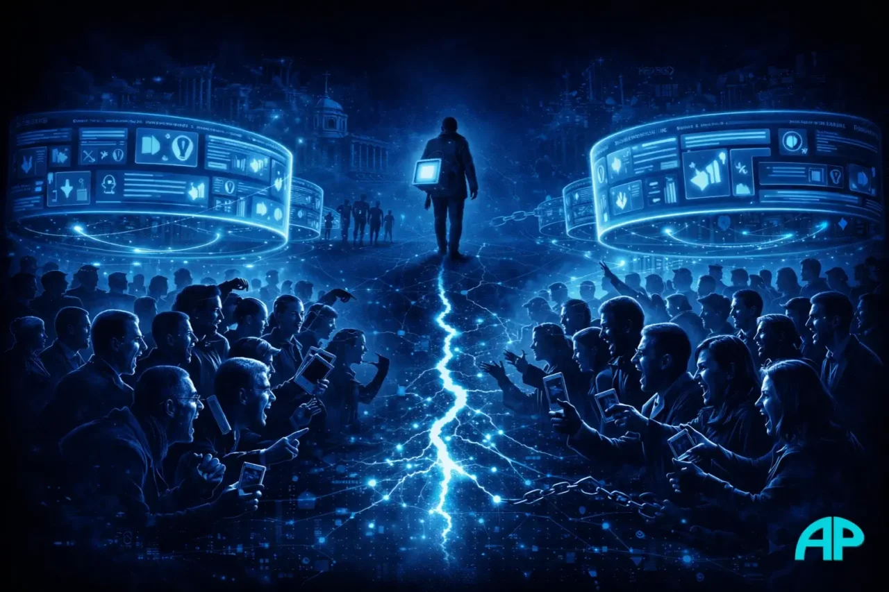 Manufactured division scene showing two crowds arguing across a glowing rift while a shadowy figure walks away with a digital safe