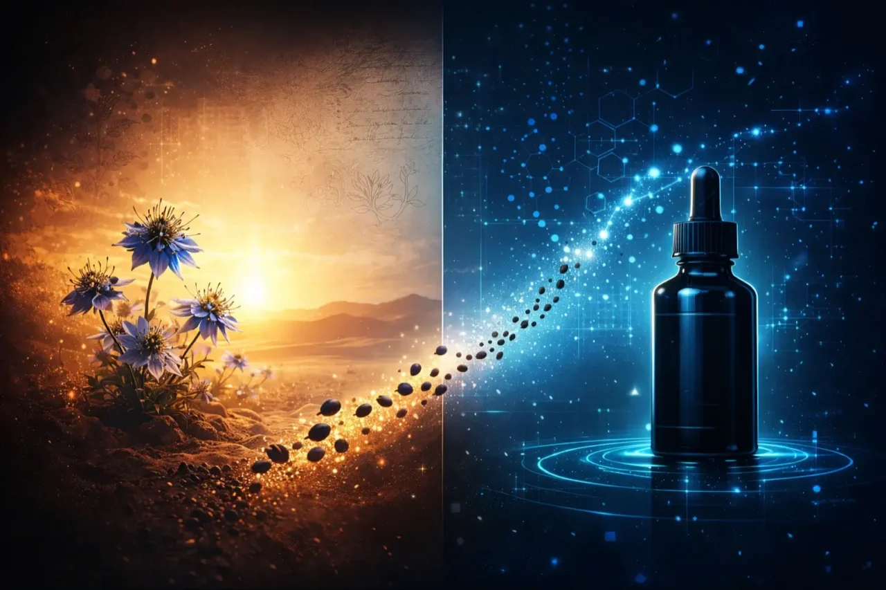 Nigella sativa flowers in sunrise desert merge into a modern lab scene with black seed oil bottle and glowing seeds.