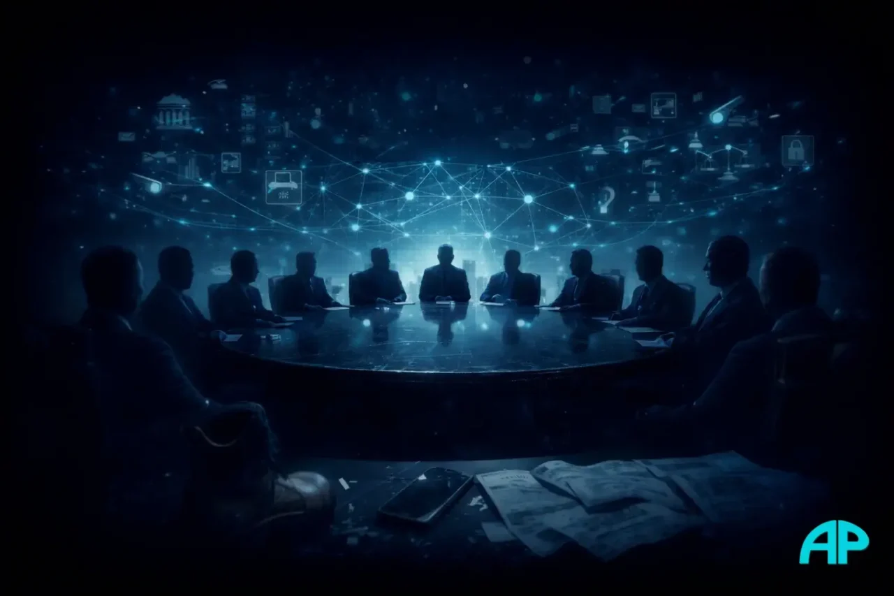 Shadowy suited figures sit around a circular black marble table under a glowing neon cyan data net, while a worn work boot, bills, and tax papers sit in the foreground.