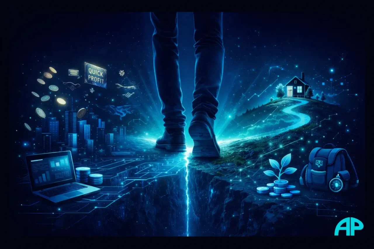 Symbolic 2:1 digital illustration of a man standing with one foot on a glowing corporate city grid and the other on illuminated natural terrain, representing strategic transition and balance between system stability and independent growth.