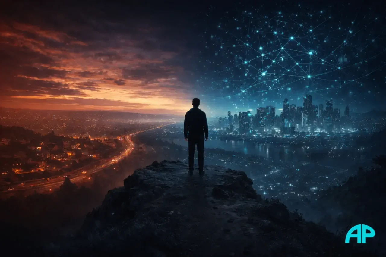 A lone silhouette stands on a cliff between two worlds: wild nature and a campfire on the left, and a neon blue data net over a futuristic city on the right.