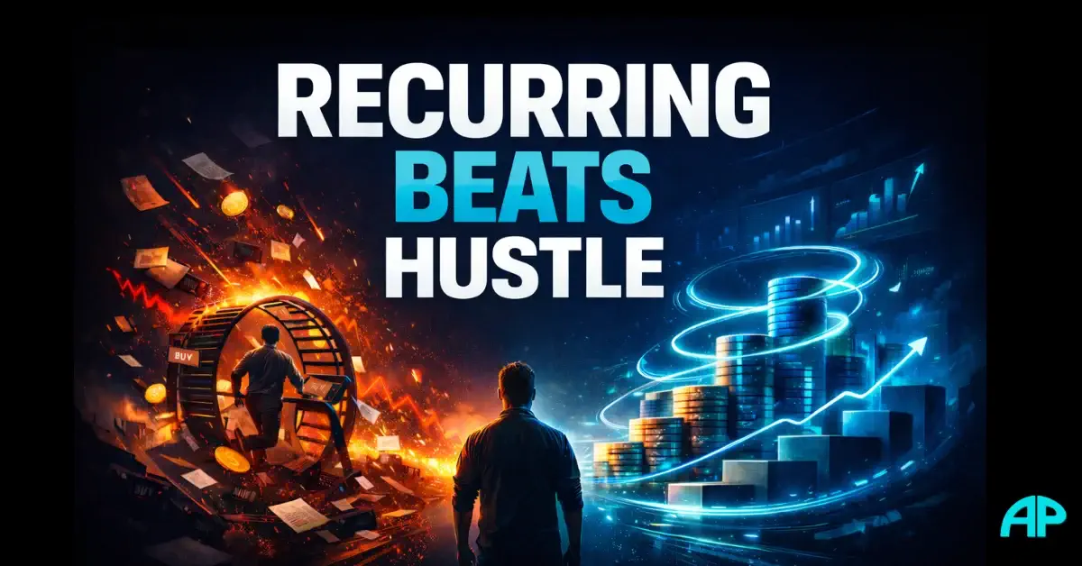 Split scene shows chaos vs calm growth with bold title, symbolising Recurring Affiliate Commissions over hustle.