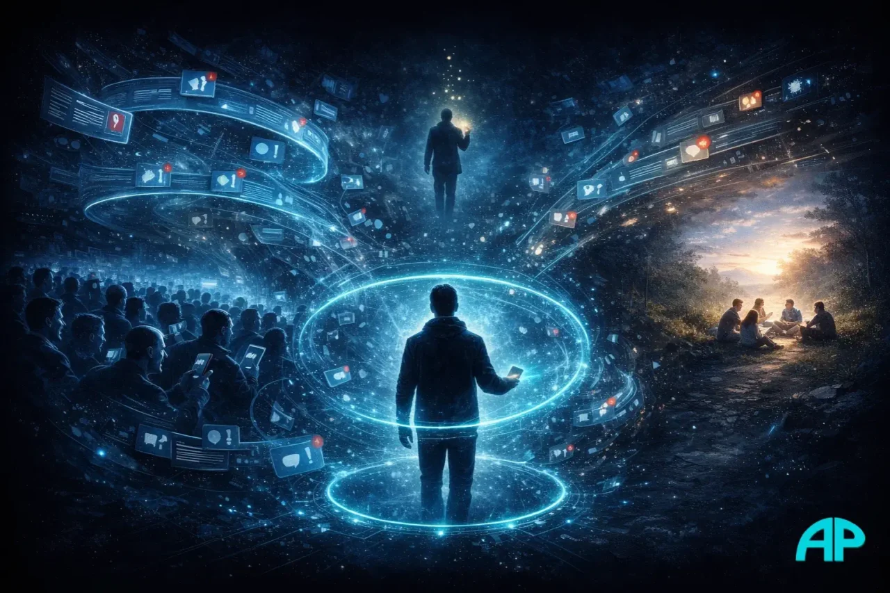 Man steps out of the outrage vortex, protected by a calm neon ring, choosing clarity over division and distraction