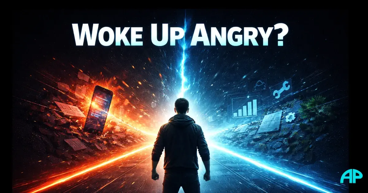 Anger after awakening shown as a man facing a split path between rage and calm action.