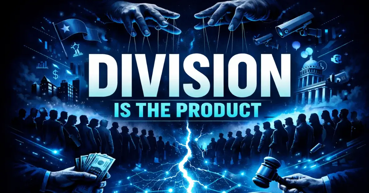 Division Is the Product concept showing opposing crowds controlled by unseen forces in a dark digital world