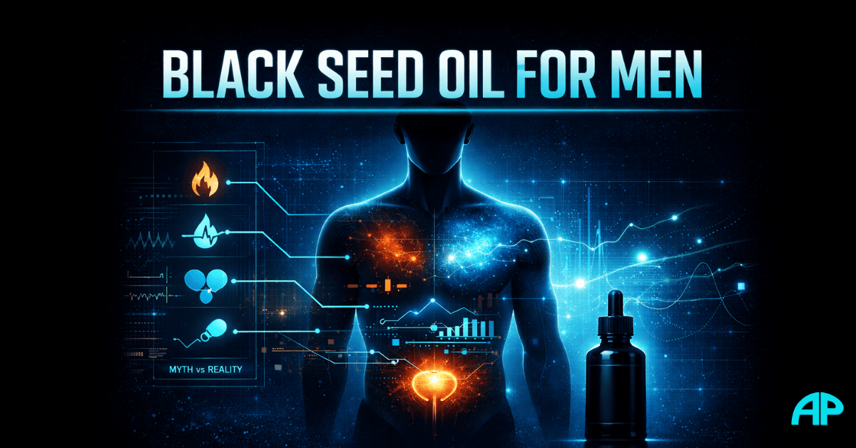 Futuristic men’s health dashboard visual showing black seed oil benefits for men with metabolic and prostate support signals.